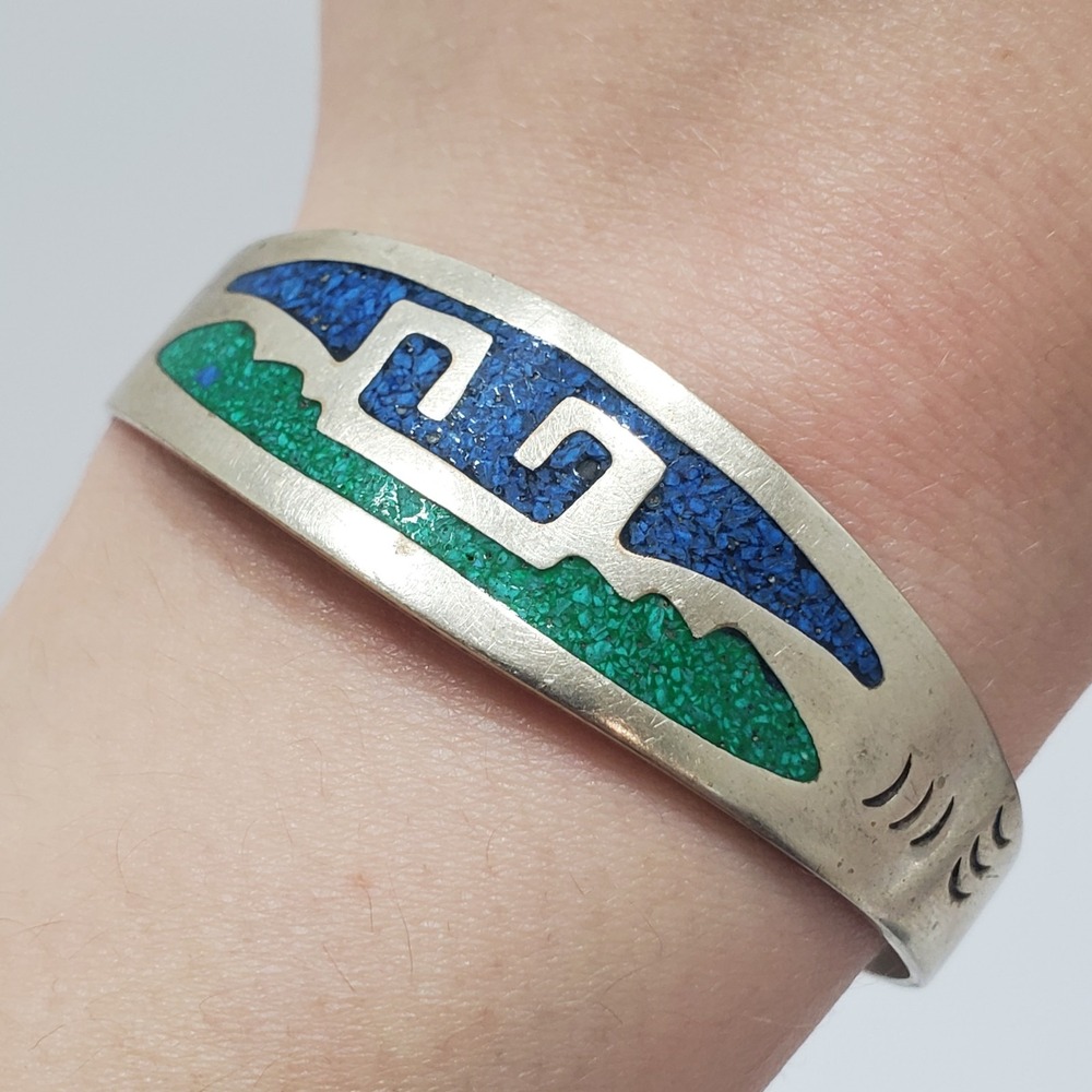 Vintage Alpaca Mexico Silver Turquoise Lapis Inlay Bangle Bracelet 6.25"